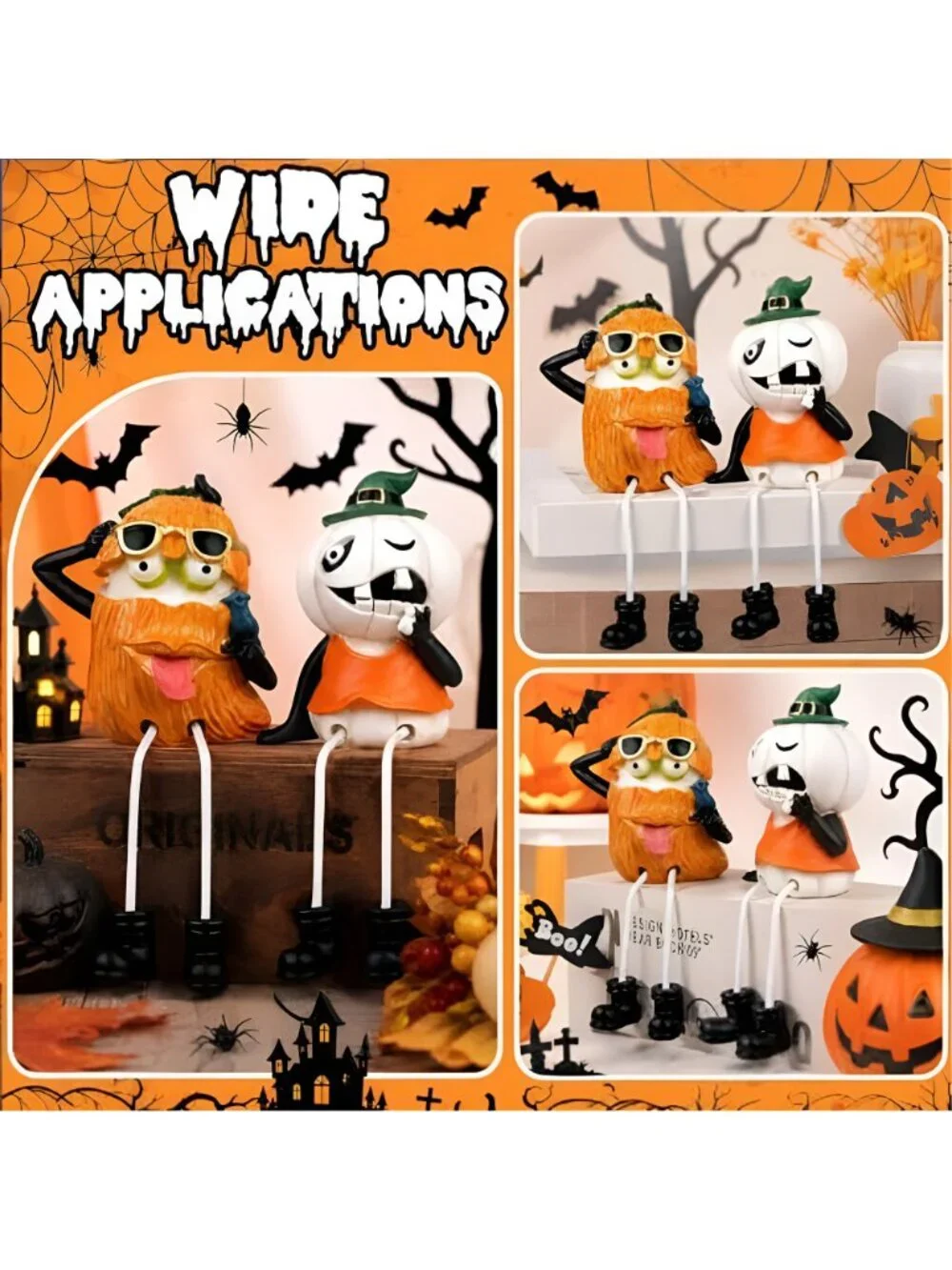 Set of 2 Shelf Sitter Figurine, Halloween Pumpkins with Dangling Legs